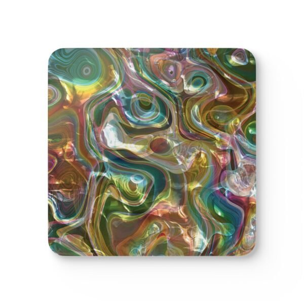 Iridescent look marble print coaster on table.