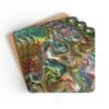 Iridescent look marble print coaster set stacked on a table.
