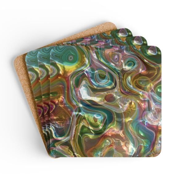 Iridescent look marble print coaster set stacked on a table.