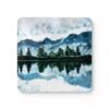 Watercolor art print of a mountain, trees and a lake.