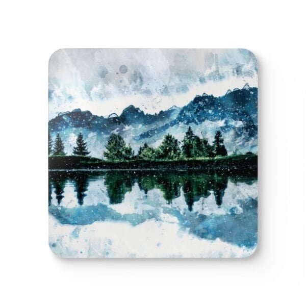 Watercolor art print of a mountain, trees and a lake.