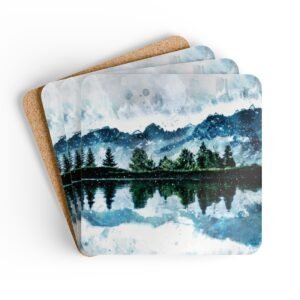 Coaster set with watercolor art print of a mountain, trees and a lake. stacked on a table.