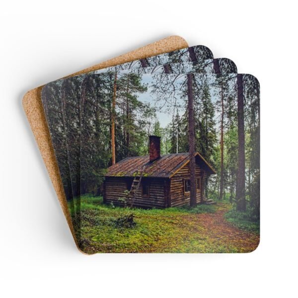 Set of 4 coasters with an image of a log cabin in a forest printed on them. Shown stacked on a table.
