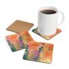 Orange abstract art coaster set shown with mug for scale.