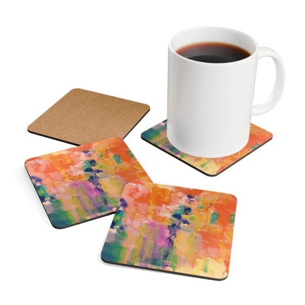 Orange abstract art coaster set shown with mug for scale.