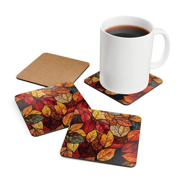 Fall leaves design that looks like stained glass coaster set shown with a mug for scale.