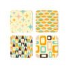 Set of 4 Square coasters with a mid century modern designs in yellow, light pink, orange, aqua and brown.