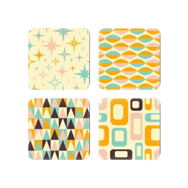 Set of 4 Square coasters with a mid century modern designs in yellow, light pink, orange, aqua and brown.