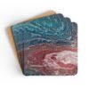 Set of 4 coasters with abstract art print in shades of turquoise blue and red.
