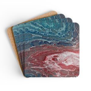 Set of 4 coasters with abstract art print in shades of turquoise blue and red.
