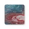 Set of 4 coasters with abstract art print in shades of turquoise blue and red.