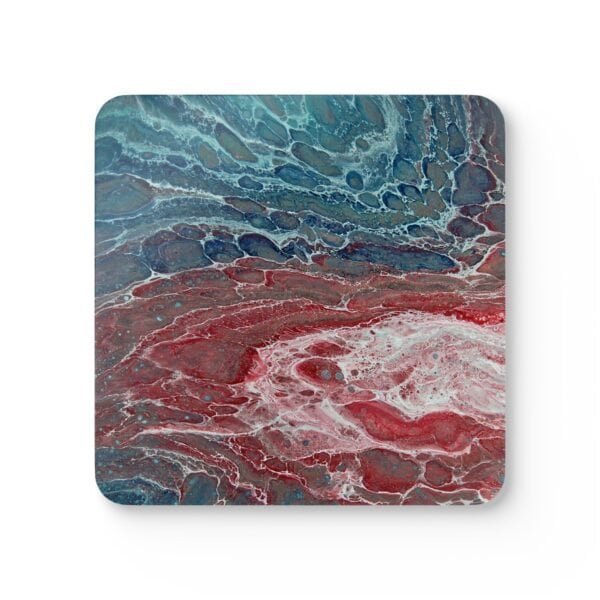 Set of 4 coasters with abstract art print in shades of turquoise blue and red.