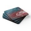 Set of 4 coasters with abstract art print in shades of turquoise blue and red.