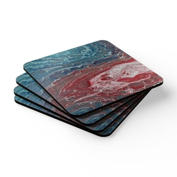 Set of 4 coasters with abstract art print in shades of turquoise blue and red.