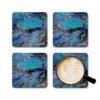 Set of 4 coasters with abstract art print in shades of turquoise blue, black and silver grey. Shown with a mug for scale.