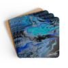 Set of 4 coasters with abstract art print in shades of turquoise blue, black and silver grey. Shown stacked on a table.