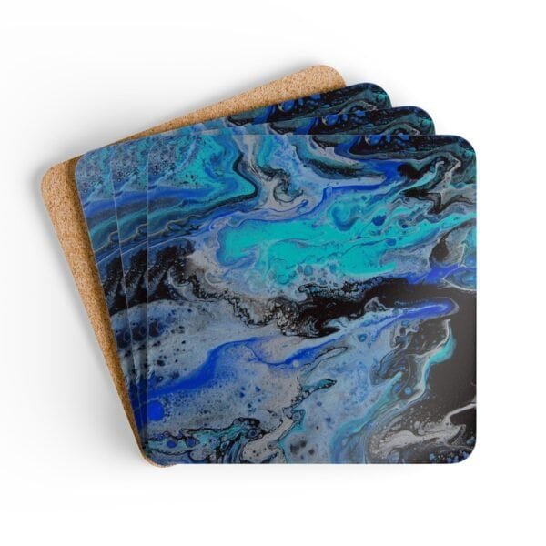 Set of 4 coasters with abstract art print in shades of turquoise blue, black and silver grey. Shown stacked on a table.