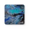 Set of 4 coasters with abstract art print in shades of turquoise blue, black and silver grey.
