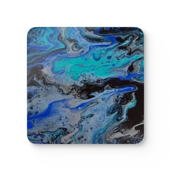 Set of 4 coasters with abstract art print in shades of turquoise blue, black and silver grey.