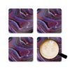 Set of 4 coasters with abstract art print in shades of red, purple, black and white. Shown with a mug for scale.