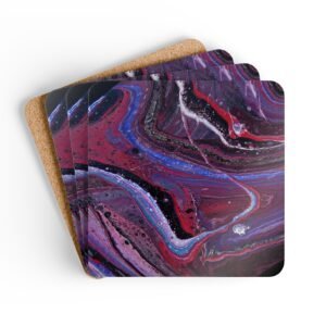 Set of 4 coasters with abstract art print in shades of red, purple, black and white. Stacked on a table.