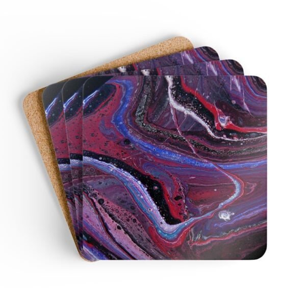 Set of 4 coasters with abstract art print in shades of red, purple, black and white. Stacked on a table.