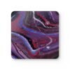 Set of 4 coasters with abstract art print in shades of red, purple, black and white.