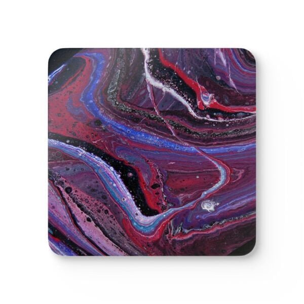 Set of 4 coasters with abstract art print in shades of red, purple, black and white.