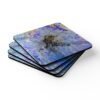 Set of 4 coasters with abstract art print in shades of purple, black and gold.