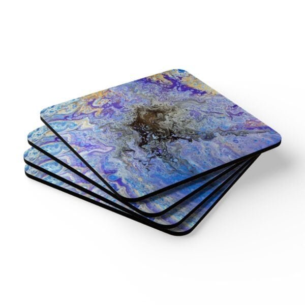 Set of 4 coasters with abstract art print in shades of purple, black and gold.