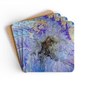 Set of 4 coasters with abstract art print in shades of purple, black and gold. Stacked on a table.