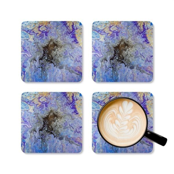 Set of 4 coasters with abstract art print in shades of purple, black and gold. Shown with a mug for scale.