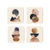 Set of four square coasters with neutral color abstract designs printed on them.