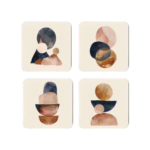 Set of four square coasters with neutral color abstract designs printed on them.