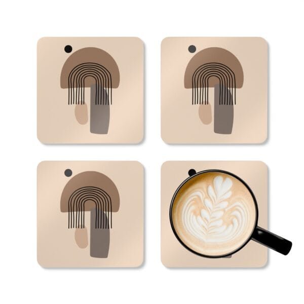 Set of four square coasters with minimalist neutral design in shades of brown, tan and black. Shown with a mug for scale.