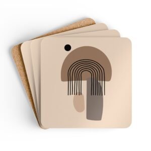 Set of four square coasters with minimalist neutral design in shades of brown, tan and black. Shown stacked on a table.