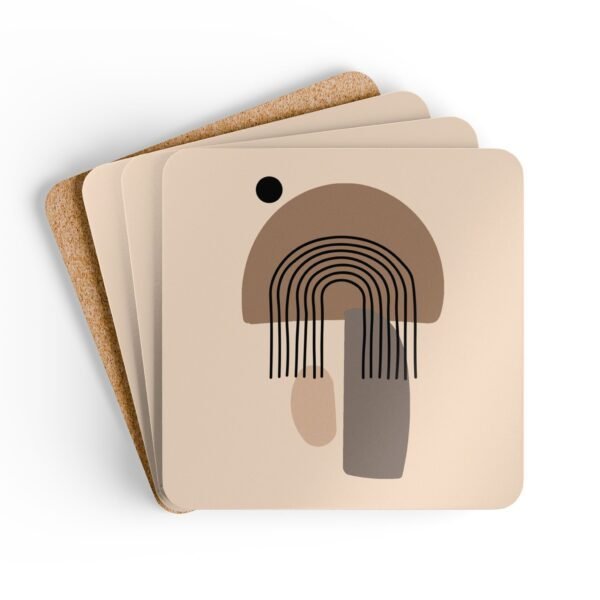 Set of four square coasters with minimalist neutral design in shades of brown, tan and black. Shown stacked on a table.