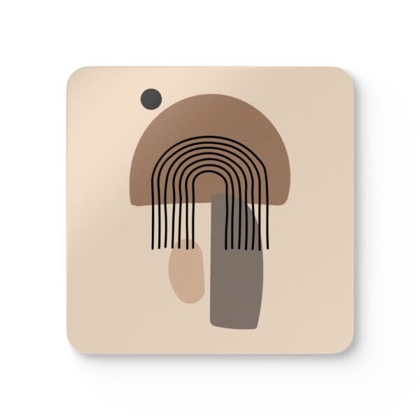 Square coaster with minimalist neutral design in shades of brown, tan and black.