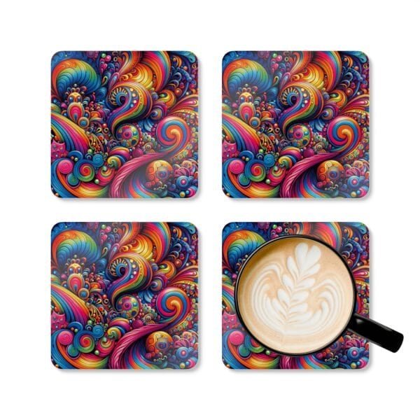 Set of 4 square coasters with a 70's retro swirling bright psychedelic colors trippy design. Shown with a mug for scale.