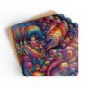 Set of 4 square coasters with a 70's retro swirling bright psychedelic colors trippy design. Shown stacked on a table.