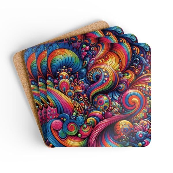 Set of 4 square coasters with a 70's retro swirling bright psychedelic colors trippy design. Shown stacked on a table.