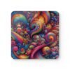 Square coaster with a 70's retro swirling bright psychedelic colors trippy design.