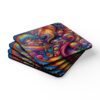 Set of 4 square coasters with a 70's retro swirling bright psychedelic colors trippy design. Shown stacked on a table.