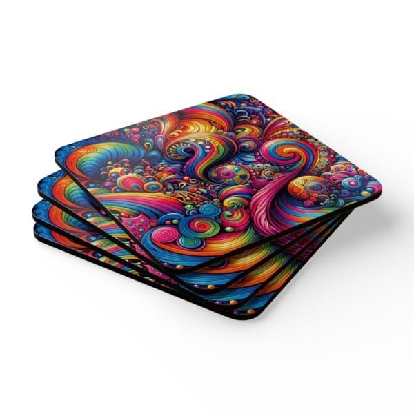 Set of 4 square coasters with a 70's retro swirling bright psychedelic colors trippy design. Shown stacked on a table.