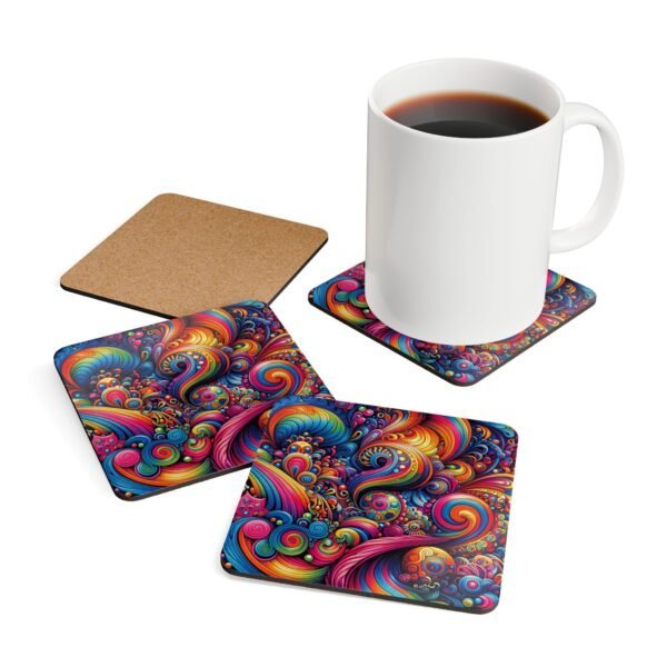 Set of 4 square coasters with a 70's retro swirling bright psychedelic colors trippy design. Shown with a mug for scale.