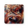 Square coaster with an image of a stylized highland cow with multicolor accents.