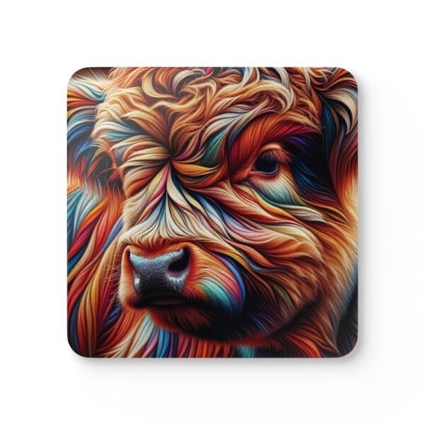 Square coaster with an image of a stylized highland cow with multicolor accents.
