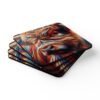 Set of 4 square coasters with an image of a stylized highland cow with multicolor accents. Shown stacked on a table.