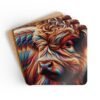 Set of 4 square coasters with an image of a stylized highland cow with multicolor accents. Shown stacked on a table.