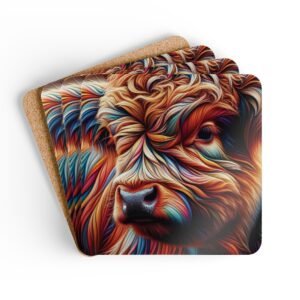 Set of 4 square coasters with an image of a stylized highland cow with multicolor accents. Shown stacked on a table.